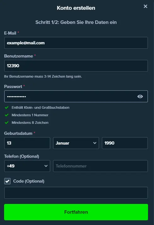 Erster Schritt zur Registrierung
